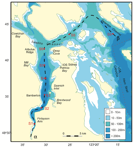 Map of Saanich Inlet indicating conventional sample collection stations (S1-S9). Data used in this workshop is sourced from S3.